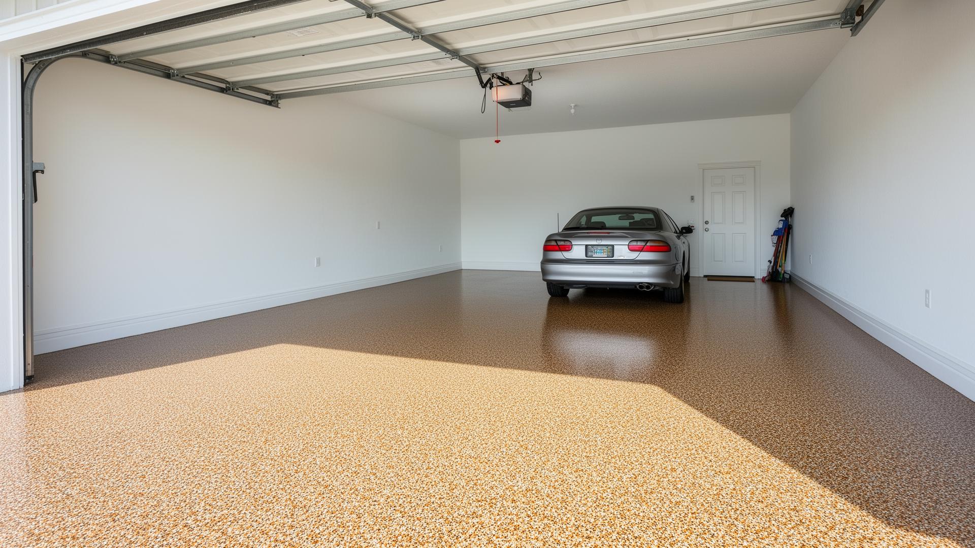 Freshly installed flake concrete coating in a Florida garage